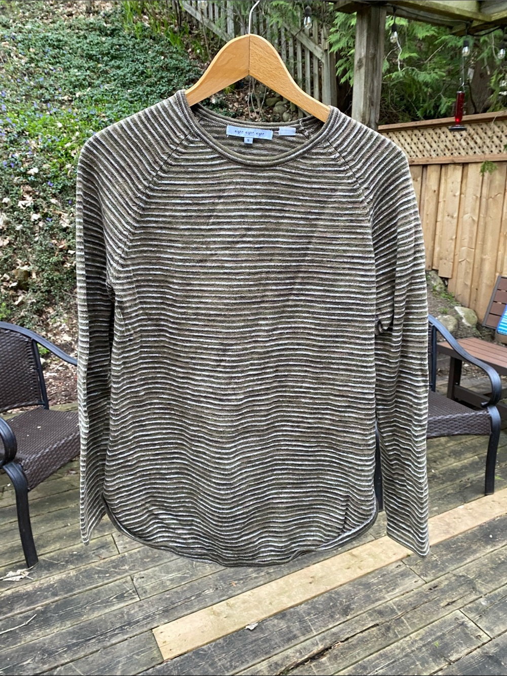 100% Cotton Olive & Cream Striped Knit Crewneck